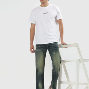 Mens comfort fit vintage olive green denim slub jeans