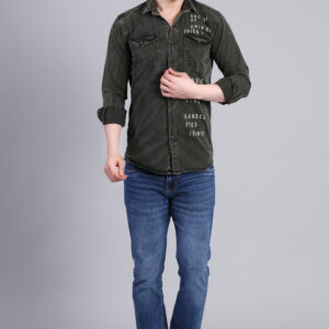 Dark Olive Printed Denim Shirt